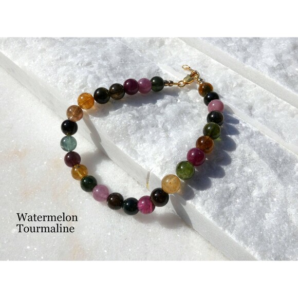 Natural Watermelon Tourmaline - 6mm Gold Beaded Bracelet  Colorful Gemstones - Picture 2 of 6